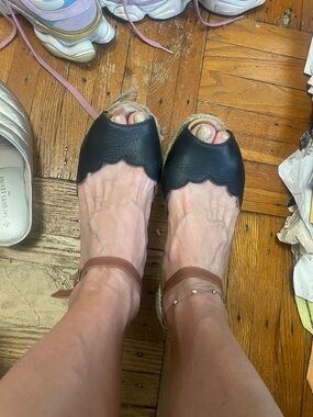 USED Navy Leather Scallop Espadrille Wedge Sandals with Ankle Strap